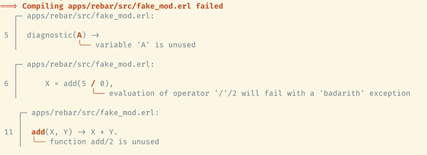 Output of the rebar3 compilation in rich mode, which shows code around failures and aligns error messages with red highlights in the affected code.