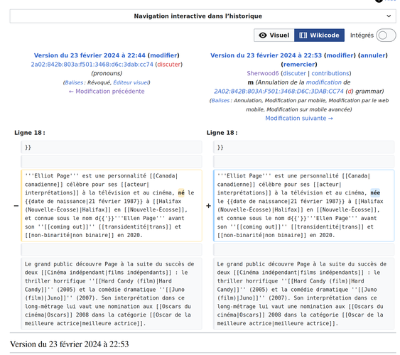 capture d'écran de wikipedia montrant une différence induite par un changement opéré par l'utilisateur Sherwood6. ce dernier rétablit un "e" à la fin des accords concernant Elliot Page.