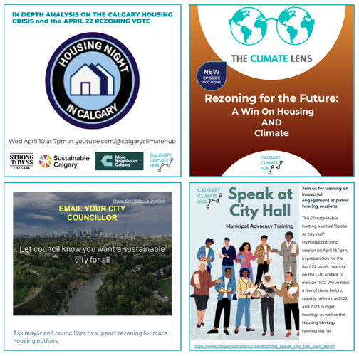 Images of the "Housing Night In Calgary" icon, poster from our recent housing podcast, email your councillor banner and our 'speak at city hall" event banner