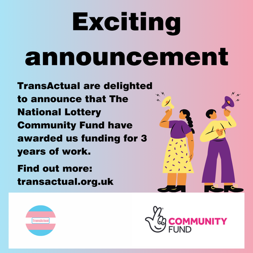 (Text says: Exciting announcement. TransActual are delighted to announce that The National Lottery Community Fund have awarded us funding for 3 years of work. Find out more: transactual.org.uk. Graphics: TransActual and The National Lottery Community Fund logos. Illustration of two people with megaphones.)