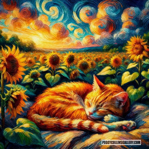 Artwork of a ginger cat sleeping in a field of sunflowers in the style of Vincent Van Gogh, by artist Peggy Collins.