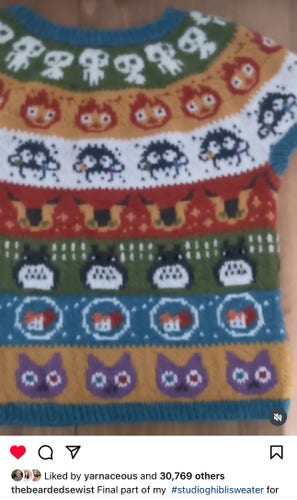 Photo pinched from IG - sweater with each row containing a different Ghibli character. Original poster thebeardedsewist