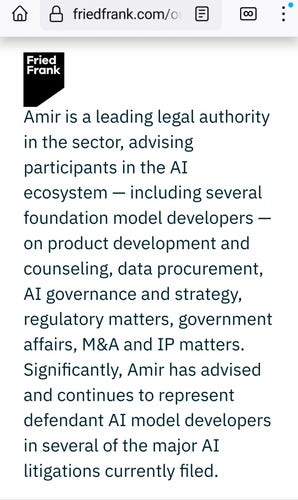 From Amir Ghavi's business profile at
https://www.friedfrank.com/our-people/amir-ghavi  :

"Amir is a leading legal authority in the sector, advising participants in the AI ecosystem — including several foundation model developers — on product development and counseling, data procurement, AI governance and strategy, regulatory matters, government affairs, M&A and IP matters. Significantly, Amir has advised and continues to represent defendant AI model developers in several of the major AI litigations currently filed."