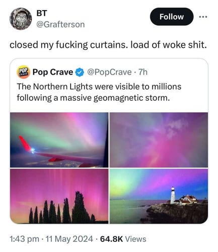 A Twitter post showing someone called BT calling the Northern Lights "load of woke shit".
