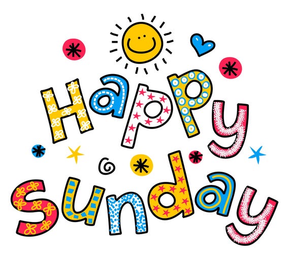 An image with a white background and the words Happy Sunday where each letter is a different color and has a different pattern inside. There is a smiley face sun, a heart and some of other characters around the image.