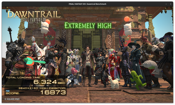 Screenshot of the FFXIV Dawntrail benchmark running in Ubuntu and displaying a score of 16873 with a loading time of 6.324 seconds.