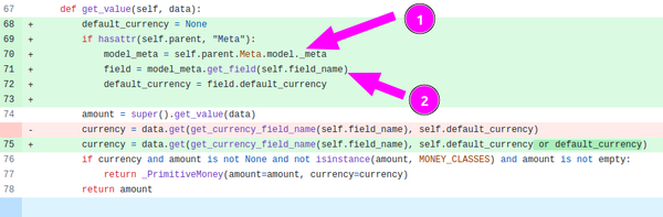 A screenshot of the same diff, pointing to use of `self.parent.Meta.model._meta` and `self.field_name`