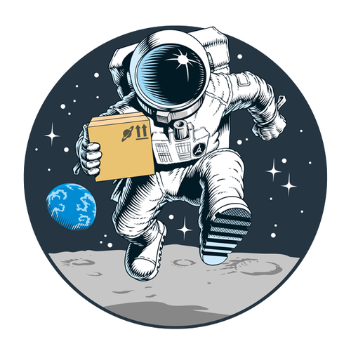 Illustration of an astronaut running on a moon while delivering a package
