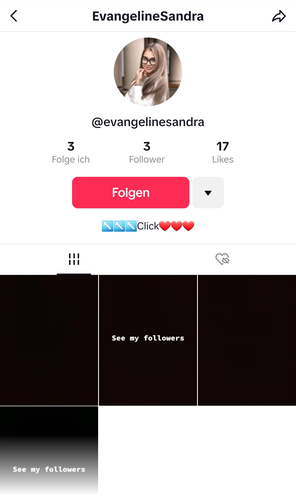 Screenshot shot of a tiktok profile of user EvangelineSandra using the same image. They follow 3, have 3 followers, and 17 likes. Their bio is emoji with the word "click" and their TikToks are all black, two have the text "See my followers" on black.