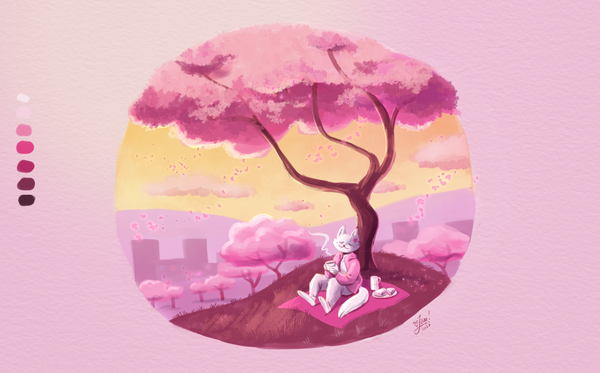 A digital illustration of a cat person enjoying tea under a blooming cherry tree
