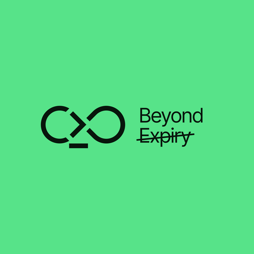 Logo for a project called "Beyond Expiry". The logo depicts a combination of the infinity symbol and the "greater than or equal" symbol. The word "Expiry" has a strikethrough effect. The background is green.
