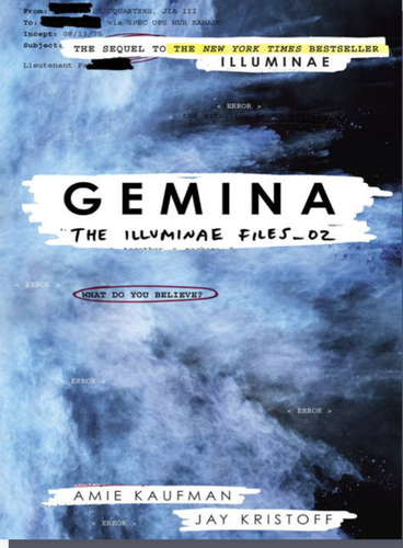 The ebook cover of Gemina: The Illuminae Files_02. There is a pale blue mist across a black background, with a collage of text as if from a dossier of files.  There are also strings of computer code and the tagline "What do you believe?"
