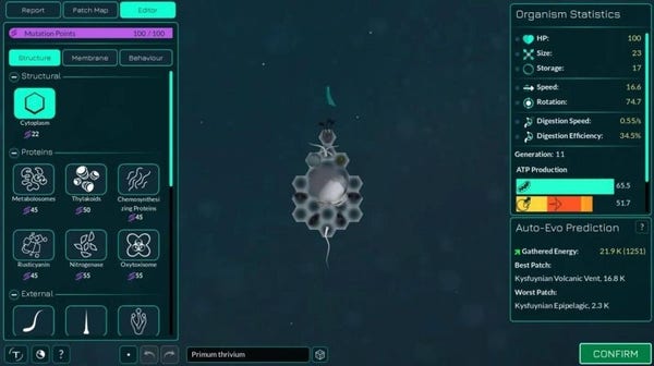 🕶️ A view of the user interface, with microbes on the main part of the screen, and parameter windows on the left and statistics on the right.

📚️ Thrive is a libre, multi-platform, single-player / multi-player (local/online, competitive) game of great ambition, taking as its theme the evolution of species from the microbe stage to the space age and beyond. The game is divided into 7 stages: Microbe, Multicellular, Aware, Awakening, Society, Industrial and Space. Through each of them, the player will guide his creature towards intelligence, sensitivity and the stars. The project has set itself 2 major objectives: to create a captivating and fascinating game that respects the players' intelligence, and to stick as closely as possible to known scientific theories.