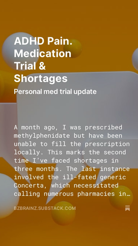 White text on a yellow and orange background. Text title reads, "ADHD Pain. Medication Trial & Shortages. Personal med trial update." Body of text is a snippet from blog that reads, "A month ago, I was prescribed methylphenidate but have been unable to fill the prescription locally. This marks the second time I’ve faced shortages in three months. The last instance involved the ill-fated generic Concerta, which necessitated calling numerous pharmacies in...”