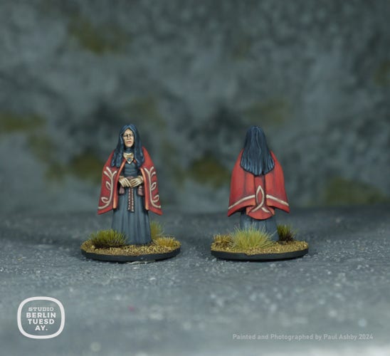 wargame model. Rebel princess. She has long black hair, wears a dark grey dress with a high neck and a red cloak with a fawn colour simplistic vine and leaf design to the edge of it.