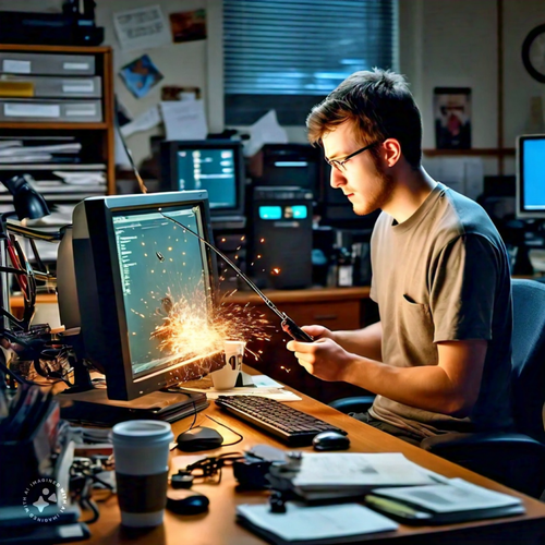 man holding a sparkler near a computer monitor