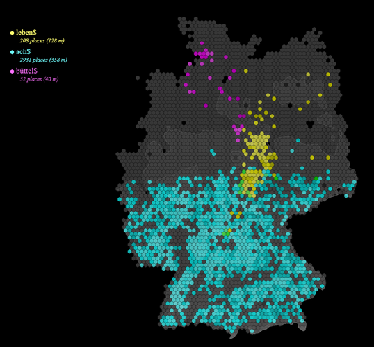 Screenshot of page in link above, shows the geographical distribution of places in Germany ending with "-leben", "-ach" and "-büttel", including the average altitude of the places