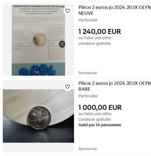Listing eBay montrant deux pièces à vendre, l'une à 1000€ et l'autre à 1240€.