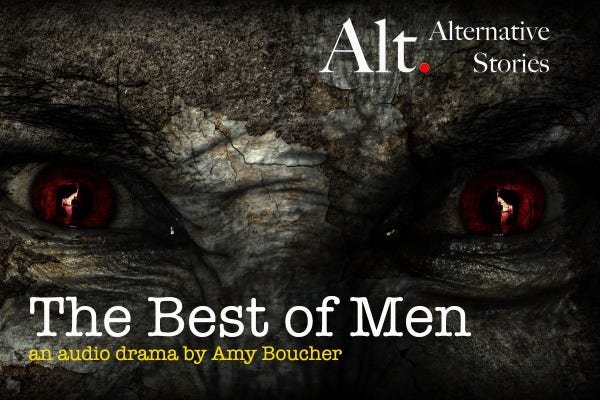 A pair of eyes in a grey face with the Best of men logo as well as Alternative Stories logo