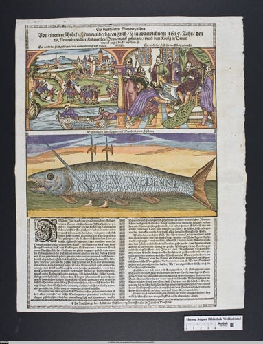 The broadside's layout can be seen: a headline on the top, two images, and a text part of 2 columns. The fish is one of the images. 

