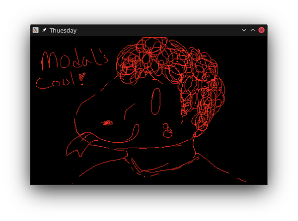 A drawing of Xillin with a red 1px pen in a KDE window that says Thuesday. 