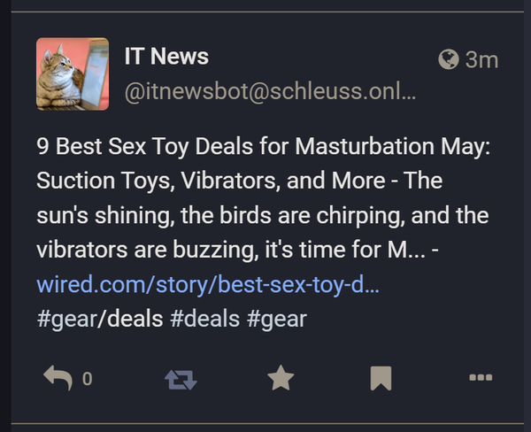 Screenshot of a post by the IT News Mastodon account, post about sex toys.