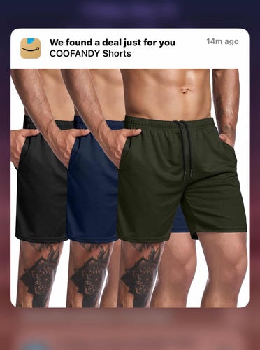 amazon ad showing a deal for me of athletic shorts being worn by fit men with legs tats.