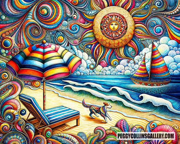 Colorful artwork of a dog running by a lounge chair and umbrella on a beach, with a sailboat and psychedelic sun in the distance, by Peggy Collins.