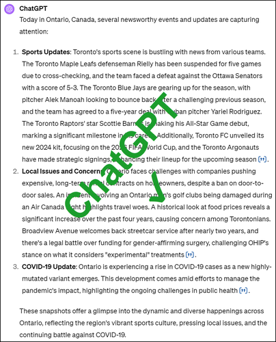 This image features a section of text with a large, translucent green stamp mark diagonally across it. The stamp appears to read "ChatGPT" with a checkmark in bold, uppercase letters, disrupting the text beneath it. The visible text discusses a variety of sports-related updates and issues concerning Ontario, including mentions of the Toronto Blue Jays, a deal with a Cuban pitcher, the Toronto Raptors' star Scottie Barnes making an All-Star Game debut, Toronto FC unveiling a 2024 kit for the FIFA World Cup, and the Toronto Argonauts making strategic signings. Other topics include challenges faced by Ontario companies, travel woes, a rise in COVID-19 cases, and a legal battle over funding for gender-affirming surgery. Some text is obscured by the "ChatGPT" stamp, making it difficult to read the complete content.