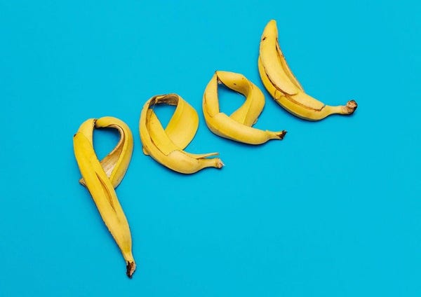 A typographic artwork featuring the word "peel," created using banana peels.