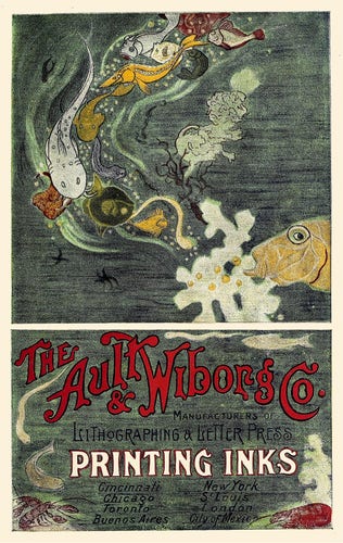 An Edwardian poster featuring an Art Nouveau style illustration showing an underwater scene featuring several sorts of fish and a couple of lobsters and advertising the printing inks of the Ault & Wiborg Co of Cincinnati.