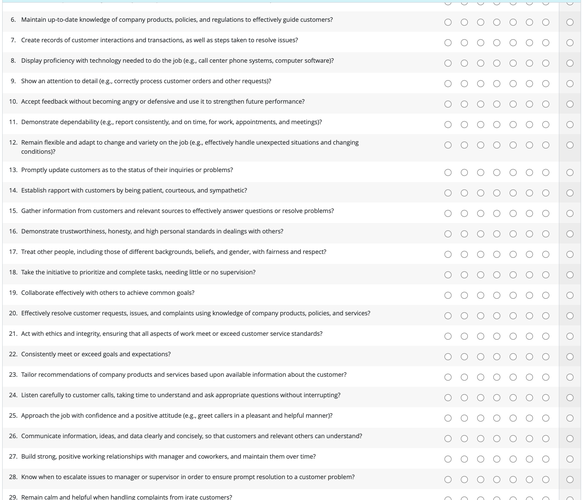 Screenshot of questionaire with over 29 questions on a 1-7 scale like “Maintain up-to-date knowledge of company products, policies, and regulations to effectively guide customers” and “collaborate effectively with others to achieve common goals”