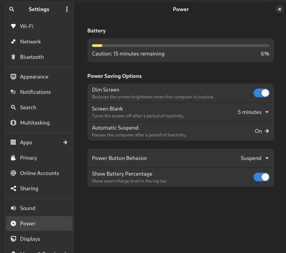 Gnome settings showing only 15 minutes of battery power left