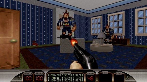 🕶️ An FPS view where the player fires (with a rifle) on an alien in what seems to be a living room

📚️ Duke Nukem 3D is an FPS from the 90s, whose charismatic main character tries to eradicate the aliens that have invaded his city. Raze is a fork of the EDuke32 engine using technologies from the GZDoom, EDuke32, PCExhumed, NBlood, and RedNukem engines, making it compatible with data from Blood, Duke Nukem 3D, NAM, PowerSlave, Redneck Rampage series of games (including the Redneck Rampage: Rides Again DLC), Shadow Warrior, and World War II GI.