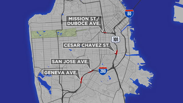 Map of the San Francisco freeway exit closures for Super Bowl Sunday 2024. (Image from web link in the post.)