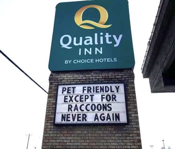 Quality Inn By Choice Hotels sign -- yellow on green

Sign below says:
"Pet Friendly Except For Raccoons Never Again"