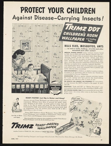 Black and white print magazine advertisement for Trimz DDT wallpaper, showing a mother and an infant in a crib in a wallpapered room. This ad appeared in Women's Day, June 1947. The wallpaper comes in a pattern of Disney characters.