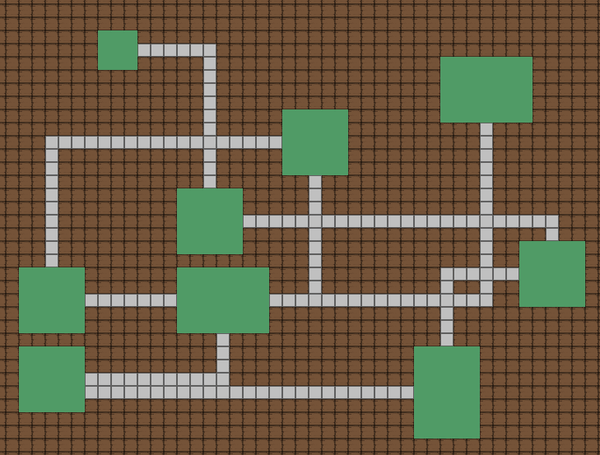 "Roguelike" dungeon map
brown background, green rooms, white corridors