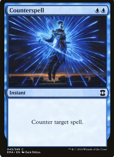 A Counterspell card in Magic The Gathering. Has an image of a floating glowing cool looking person with sparks coming out of them. Card says that it's instant, and counters the target spell.