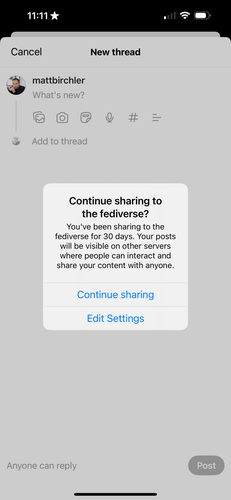 A screenshot of the Threads app where it asks me if I’d like to continue sharing to the fediverse.  it tells me I have been sharing for 30 days and it gives me the option to go turn it off if I want