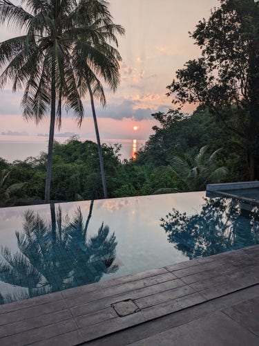 A vertical shot of a sunrise over the sea and infinity pool. The sun is a little over the horizon and is reflected in the water of the sea. The clouds are pink and blue. The surface of the pool reflects the clouds and palm trees. Jungly growth is below the level of the pool, between the pool and the sea. Hilly islands are in the distance. 