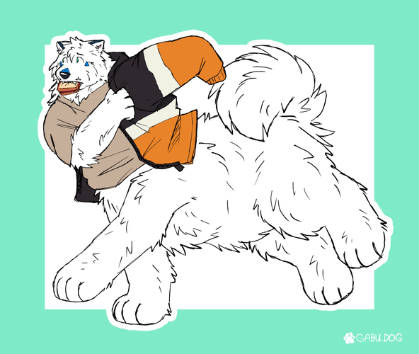 My Samoyed taur fursona Gabu, running with a sandwich in his mouth while putting on his coat mid run.