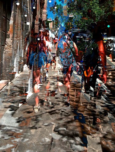 Barcelona digitally edited multiple exposure street photography, made with the GNU Image Manipulation Program.