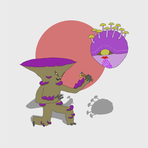 Mushroom man kneeling down and offering flowers to a gas spore with lipstick.