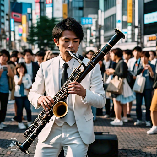 An Asian-looking musician wearing a white suit in a public place, playing an unearthly musical instrument, woodwind-ish but with a clarinet/saxophone mouthpiece and three horns.