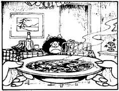 Mafalda triste ao ver um prato de sopa a aproximar-se