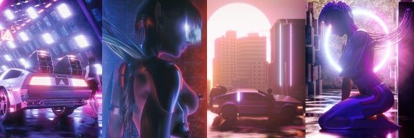 selections from my cyberpunk and retrowave / synthwave inspiring artworks with female cyborgs, futuristic cities and DeLorean cars
