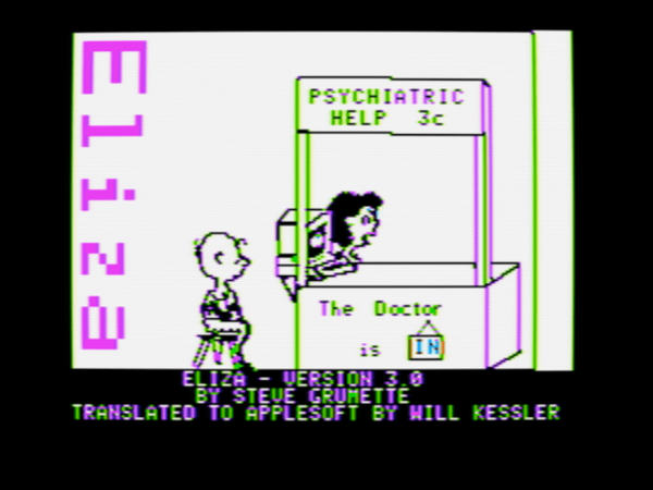 title screenshot from "Eliza" ©1985 for Apple II, version 3.0 by Steve Grumette, translated to Applesoft by Will Kessler, with crude illustration of Charlie Brown sitting in front of Lucy's Psychiatric Help stand