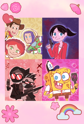 A vertical digital drawing comprising of four main fandoms I am sort of in: toy story, left 4 dead, madness combat and spongebob squarepants (clockwise / upper left + right and lower right to left)

The toy story section is colored in yellow and has a flowery background, with the characters woody, jessie and buzz lightyear... then the left 4 dead section has a starry night background, with zoey holding a pistol (my bias, lawl) then madness combat (painterly, splattery peach background) with hank and 2b, first having dual pistols and the other with a sniper rifle; and lastly, spongebob as his amazing spongy self with a spatula with a pink, aquatic background.

The collage is surrounded with flowers and a rainbow sticker, with its background being a lighter shade of pink overall.

The collage is illustrated with simpler colors, cuter facial appearances and almost no shading except for spongebob's character (because haha cube shape go BRRRR)