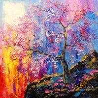 Bright coloured painting of a large pink cherry blossom tree, standing on a brown rock with touches of pink and blue on it, to a background coloured in bright shades of red, yellow, off white, light blue, pink and purple. 